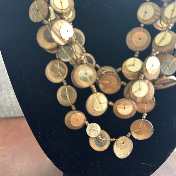 Gold wood and disk light weight layered necklace - Picture 2 of 6